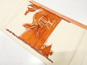 手織り紬　鳥に木の葉模様織り出し　名古屋帯